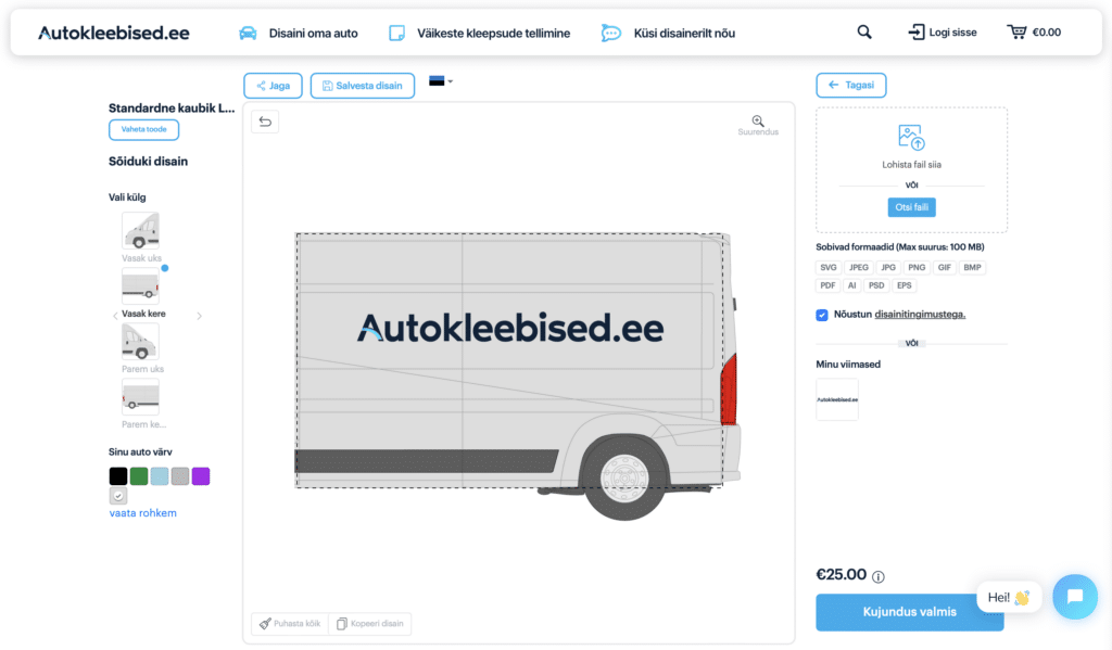 Kujundustööriist veebilehel Autokleebised.ee, kus saab disainida kaubiku küljele kleebiseid, lisades teksti, logosid ja graafikat vastavalt oma soovidele.